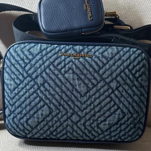 Karl Lagerfeld Navy Quilted Jeans Shoulder And Crossbody Bag with Pouch - Picture 2 of 9